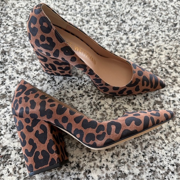 STUART WEITZMAN Cappuccino Ghepardo Suede Leopard Print Pointed Toe Block Heel 6 - Picture 2 of 8